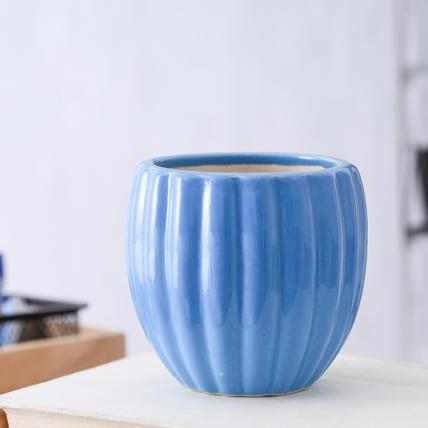 Vertical Ridges Pattern Round Ceramic Pot (Blue)