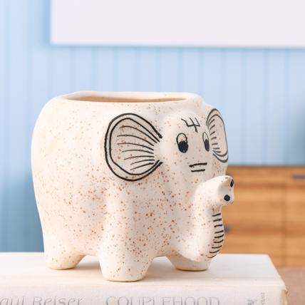 Elephant Shape Marble Finish Ceramic Pot (White)