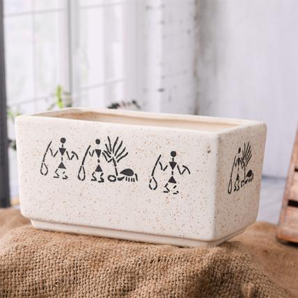 Warli Painting Marble Finish Rectangle Ceramic Pot (White)