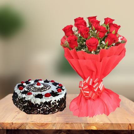Black Forest Gateau Cake & Red Roses