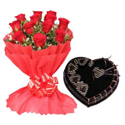 Valentine Red Roses & Heart Shape chocolate Cake