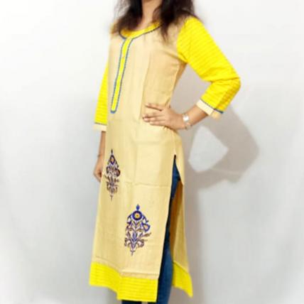 Embroidered Yellow Printed Cotton Kurti