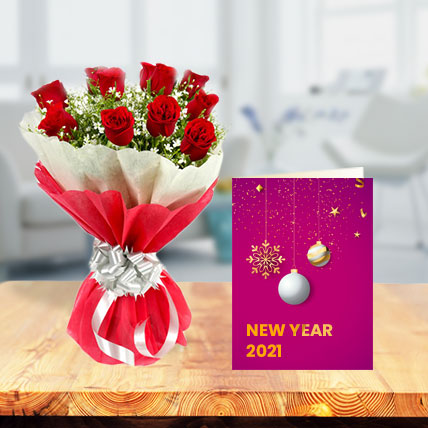 New Year Roses with New Year Greeting Card