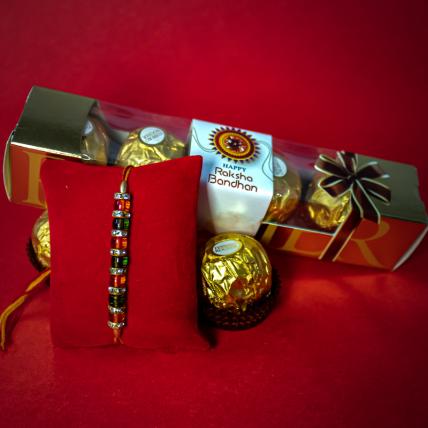 Red Green Beads Rakhi with Ferrero Rocher