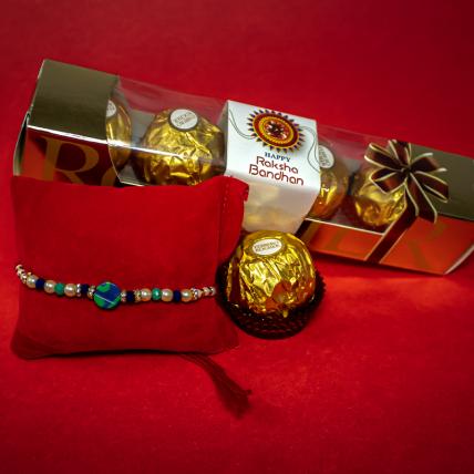 Green Blue Rakhi with Ferrero Rocher