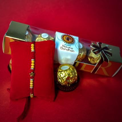 Red Yellow Rakhi with Ferrero Rocher