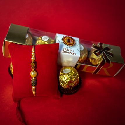 Beautiful Pearl Rakhi with Ferrero Rocher