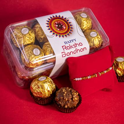 Red Pearl Rakhi and 16pc Ferrero Rocher