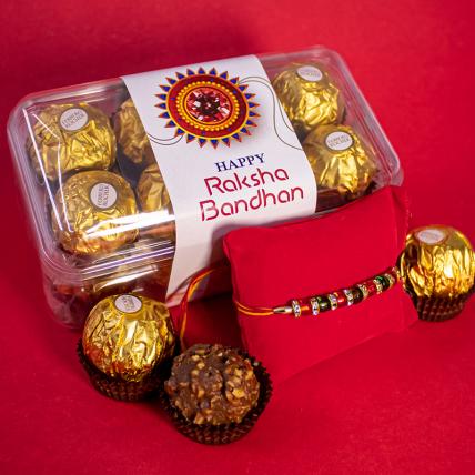 Red Green Pearl Rakhi and 16pc Ferrero Rocher