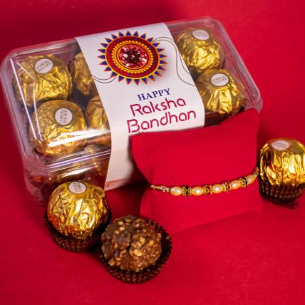 Beautiful Pearl Rakhi and 16pc Ferrero Rocher