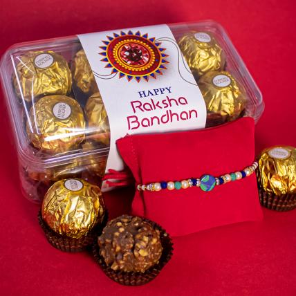 Green Pearl Rakhi and 16pc Ferrero Rocher