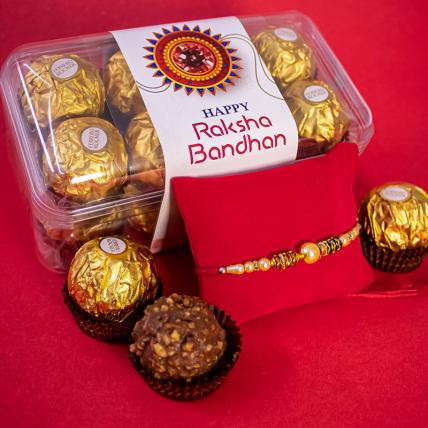 Moti Pearl Rakhi and 16 pc Ferrero Rocher