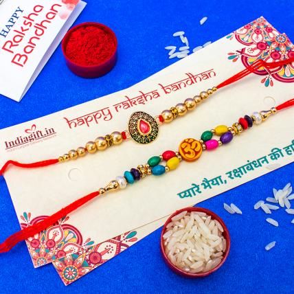 Colourful OM Leaf Rakhi Set