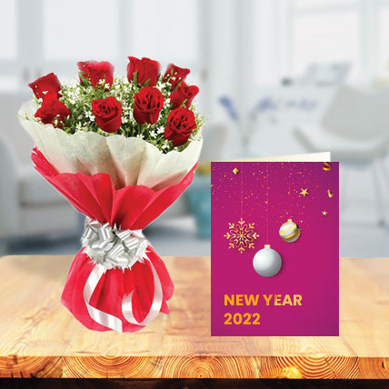New Year Roses with New Year Greeting Card