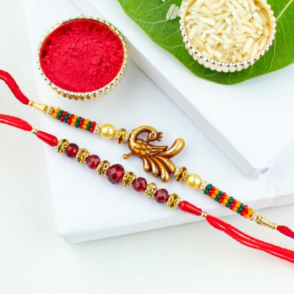 Golden Peacock Leaf Rakhi Set