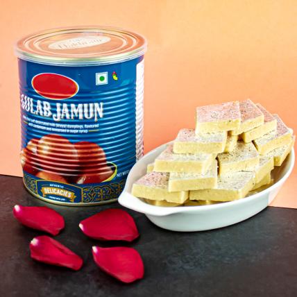 Kaju Burfi with Gulab Jamun