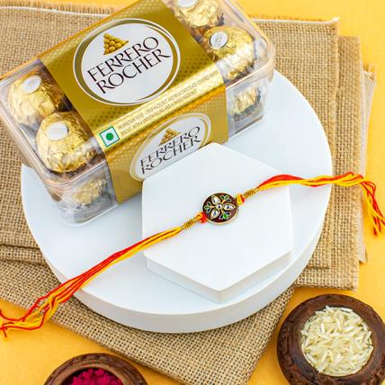 Beautiful  Round Kundan Rakhi with 16 pc Ferrero Rocher