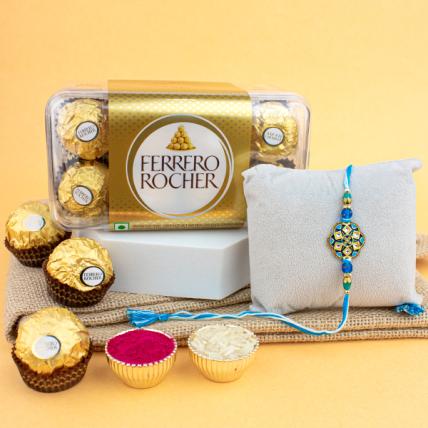 Blue Kundan Rakhi with 16pc Ferrero Rocher Combo