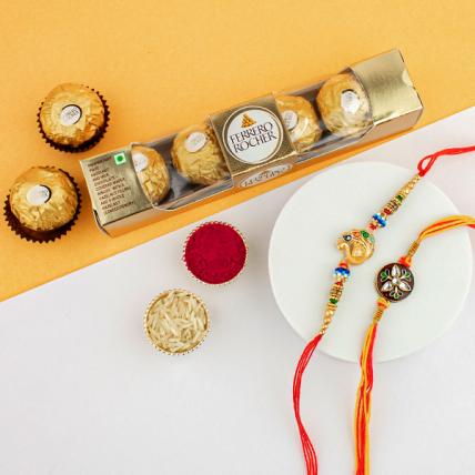 Beautiful Kundan & Peacock Rakhi with Ferrero Rocher