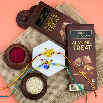 Pikachu & Minion Rakhi with Temptation Chocolates