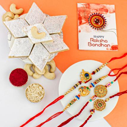 4 Set of Kundan Rakhi with Kaju Katli