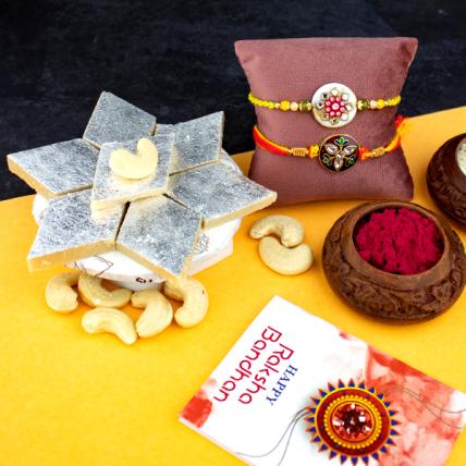 Kundan Rakhi Set with with 100 G Kaju Barfi