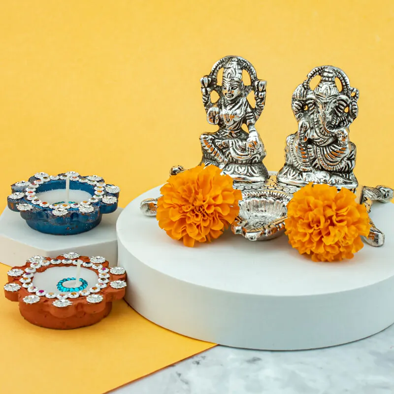 Silver Lakshmi and Ganesh With Diya Set 