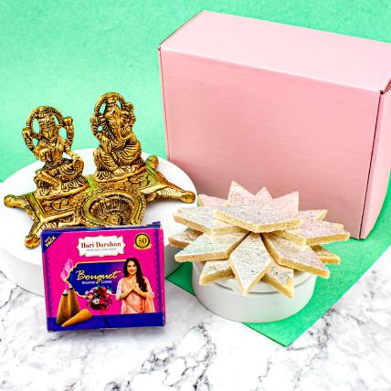 Gold-Plated Lakshmi Ganesh Diya Chowki With Sweets