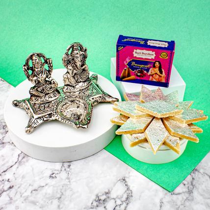 Silver-Plated Lakshmi Ganesh Diya Chowki With Sweets