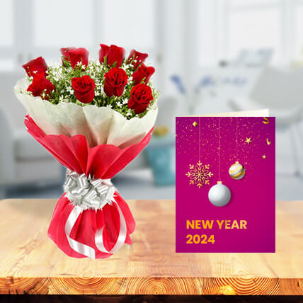 New Year Roses with New Year Greeting Card