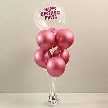 One Bobo Balloon with Glittery Happy Birthday Sticker 6 Pink Chrome Balloons One Balloon Stand