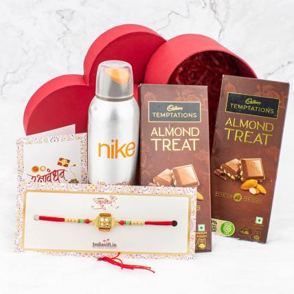 Golder kundan Rakhi and Nike Perfume with Temptations chocolates