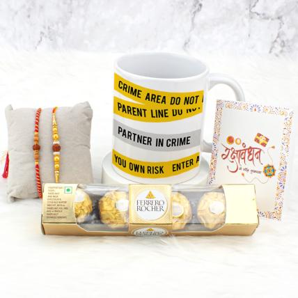 Crime Partner Mug with Rakhi & Ferrero Rocher 