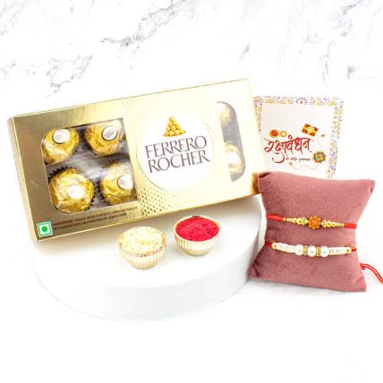 Swastik & Pearl Rakhi with 8 Pcs Ferreo Rocher