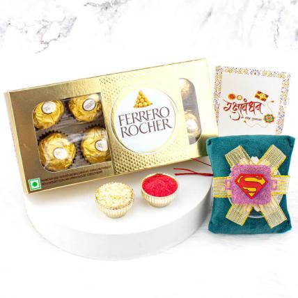 Super Man Rakhi with 8 Pcs Ferrero Rocher
