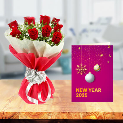 New Year Roses with New Year Greeting Card