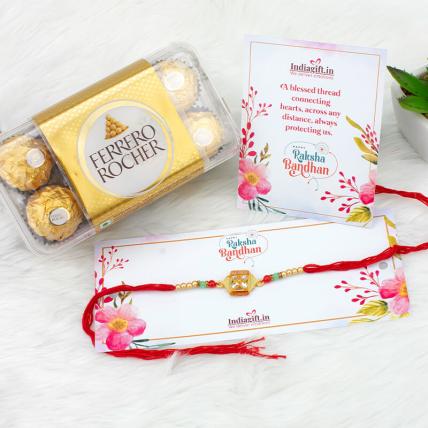 Beautiful  Round Kundan Rakhi with 16 pc Ferrero Rocher