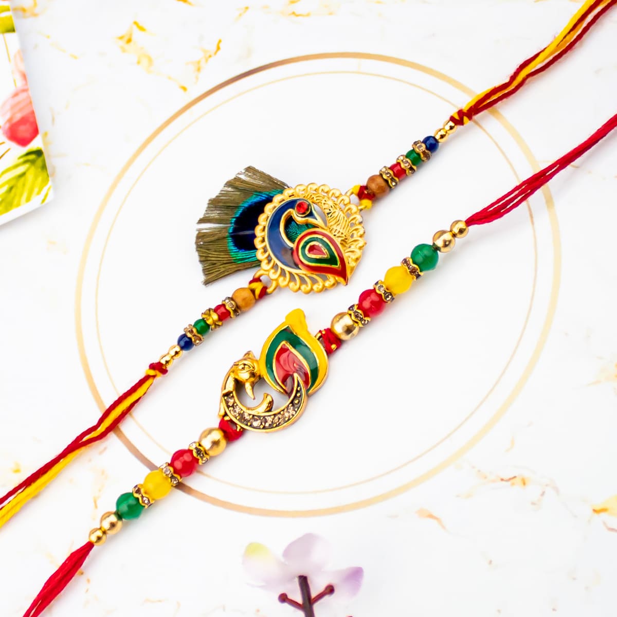 Colorful Peacock Mauli Rakhi Set 
