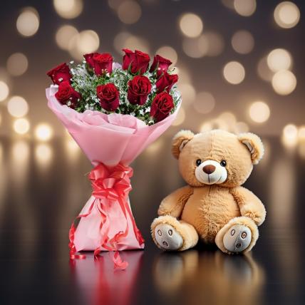 Teddy With Red Roses Bouquet