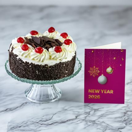New Year Blackforest Cake with New Year Greeting Card