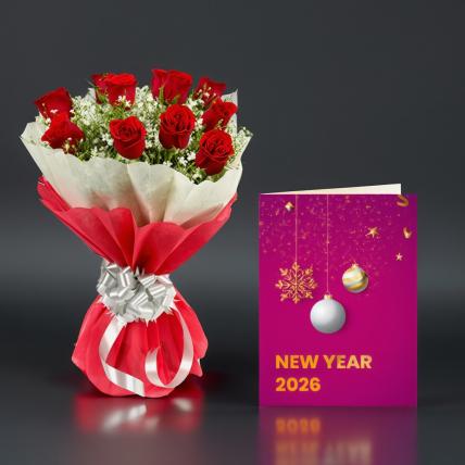 New Year Roses with New Year Greeting Card