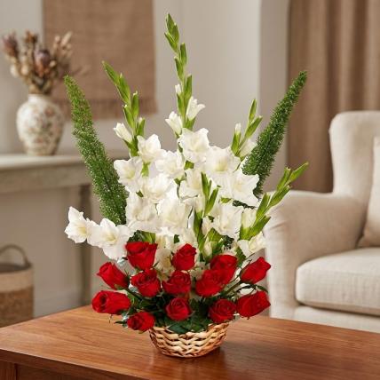 Red Roses & White Glads Basket